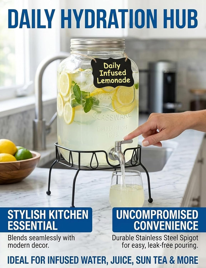 2 Gallon Glass Drink Dispenser with Stand and Lid, Stainless Steel Spigot
