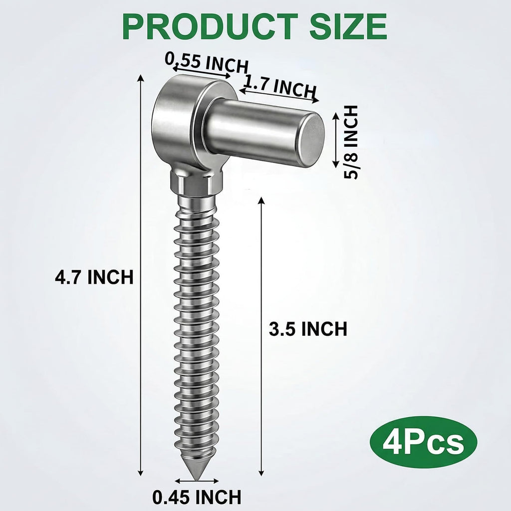 4 Pack Stainless Steel Gate Hinges for Farm Fence, One Piece Molding Lag Screw Eye Hinges M16 Heavy Duty Pin Hinge