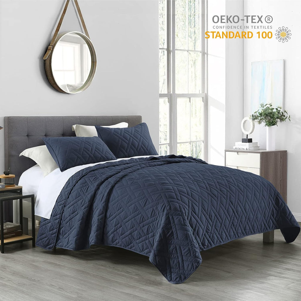 Quilt Set Queen Navy Blue, Classic Geometric Diamond Stitched Pattern, Ultra Soft Microfiber Lightweight Bedding