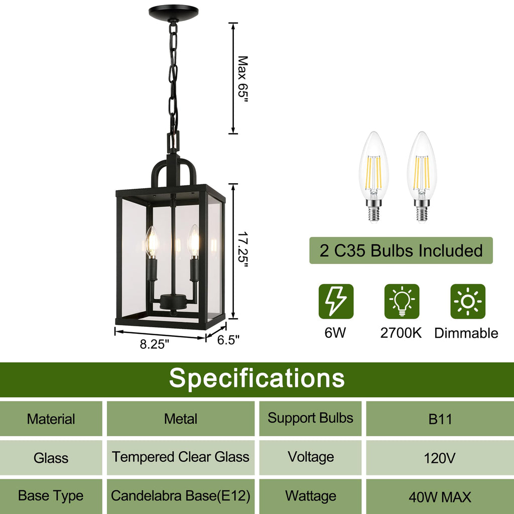 Large Outdoor Indoor Pendant Light 2-Light, Modern Black Metal Outside Chandelier Exterior Hanging Fixture Ceiling