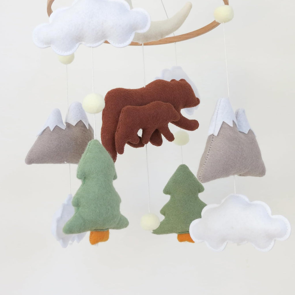 Woodland Bear Baby Mobile for Crib - Neutral Felt Mounta Decor | Hand-Stitched Hanging Toys for Boy & Girl Baby