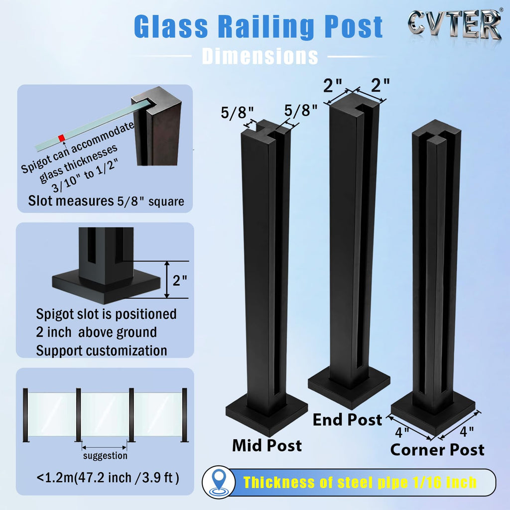 Glass Railing Post, No-Punch Glass Railing System with Spigot Slots & Base, Heavy-Duty 304 Stainless Steel Clamp for