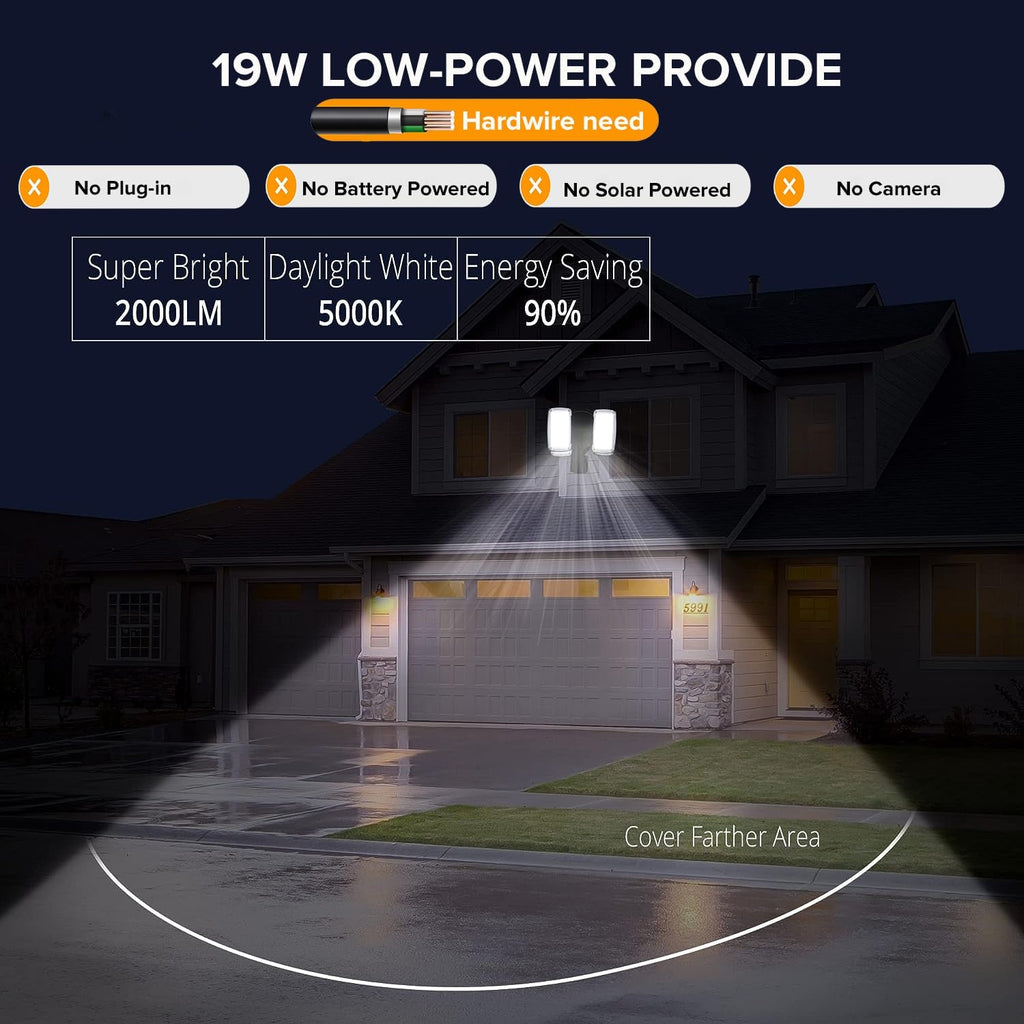 2 Pack 19W LED Flood Light Motion Sensor Outdoor, 2 Adjustable Head, 2000LM, 5000K, IP65 Waterproof, Dusk to Dawn
