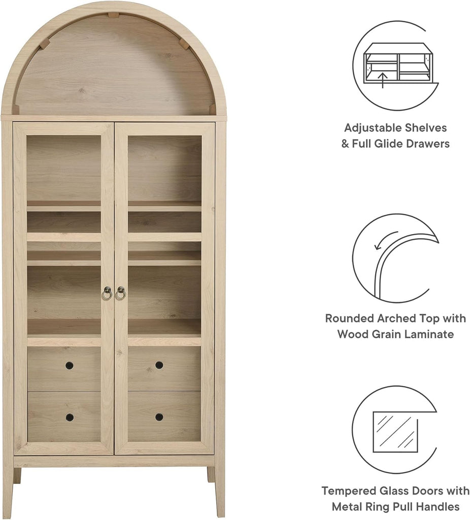 Nolan Modern Farmhouse 71 Inch Tall Arched Storage Display Cabinet in Light Oak Wood Grain - 4-Tier Bookcase with