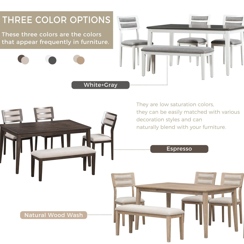 6-Piece 60" Wooden Dining Table Set with 4 Soft Upholstered Chairs and 1 Bench, Classic and Traditional Style, White