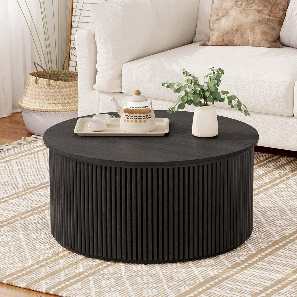 Round, Fluted Wooden Center Table, Circular Mid-Century Modern Coffee Tables for Small Space, Living Room, Bedroom