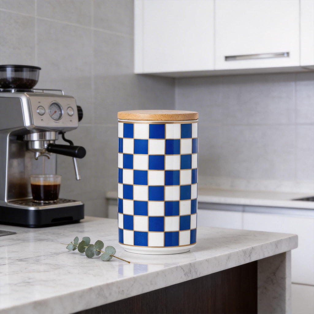 Checkered Airtight Ceramic Canister with Bamboo Lid for Food Storage