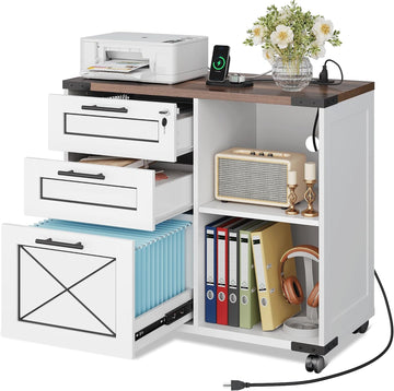 Wood File Cabinet with Charging Station,White | Mobile Lateral Filing Cabinet, Lock, Home Office, Printer Stand, Open