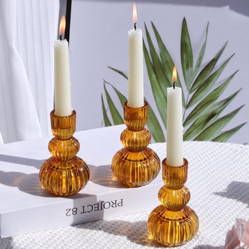 Amber Taper Candle Holders 4.3" H for Halloween/Thanksgiving Decorations Ribbed Glass Candlestick Holders - Set of 3