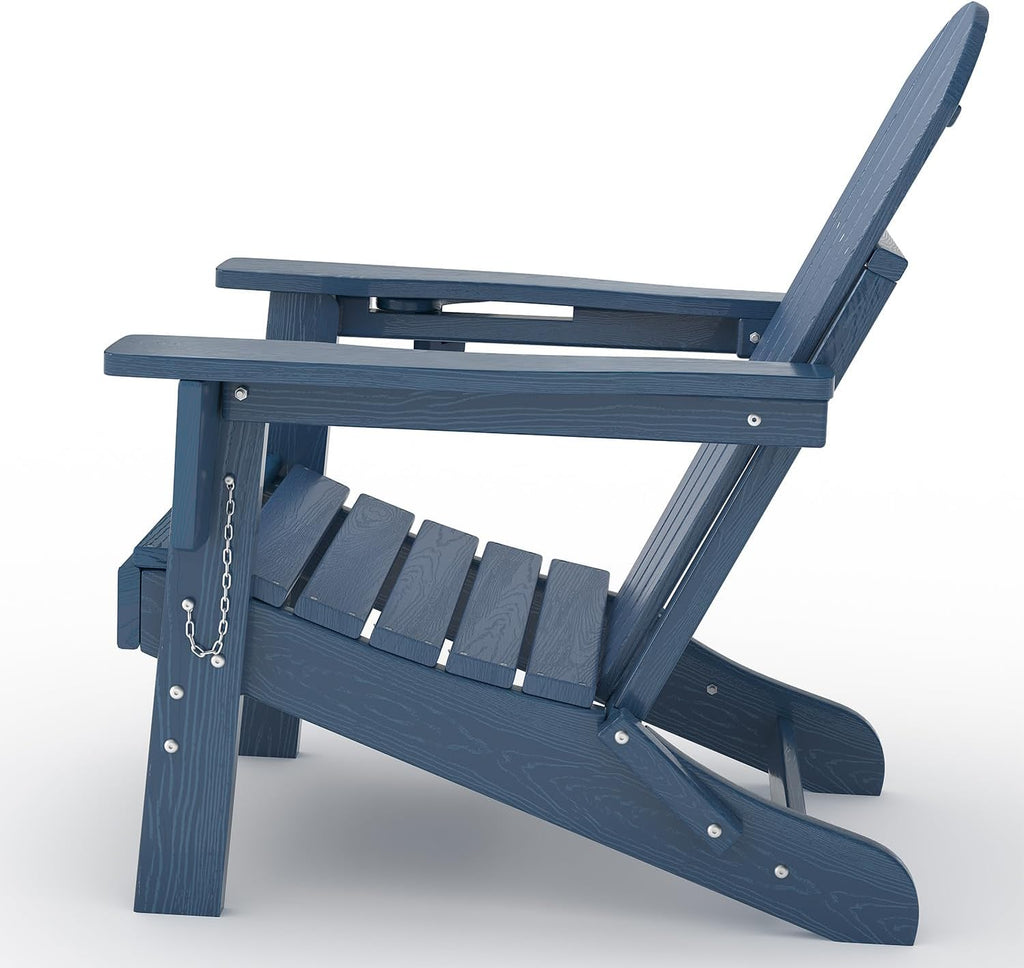 HDPE Folding Adirondack Chair Set of 2 with Side Table, Navy Blue | All-Weather Resistant & Wood Textured & Cup