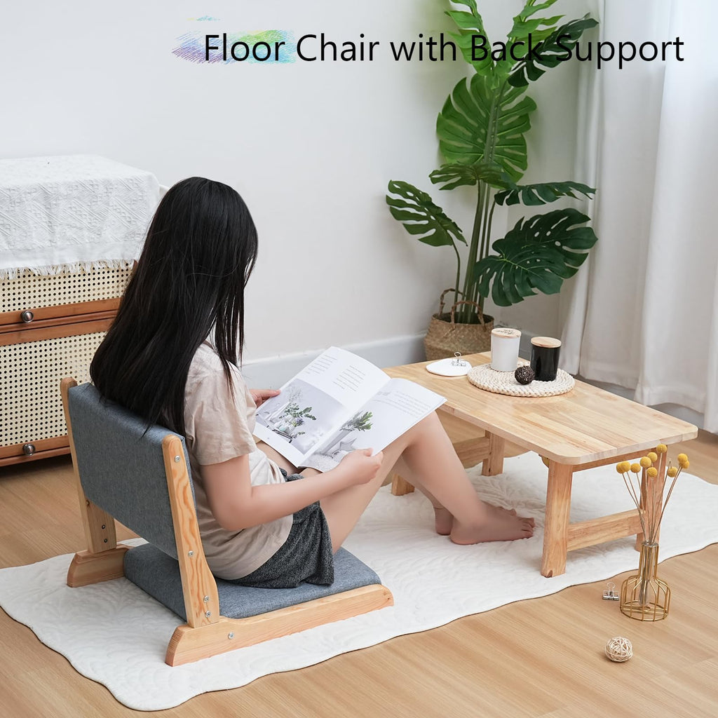Japanese Floor Chair with Back Support, Foldable Meditation Chair, Legless Tatami Chair with Cushion, Floor Seat