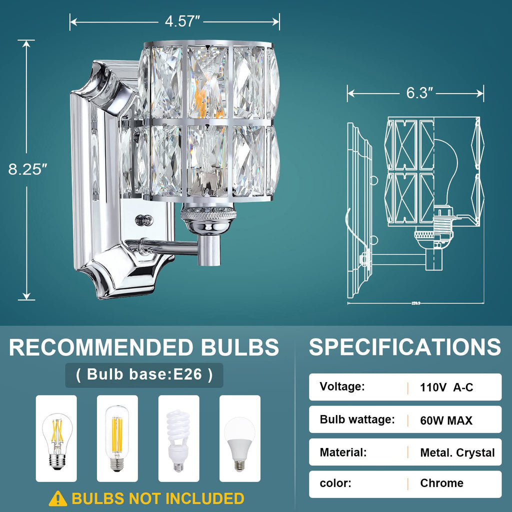 Crystal Wall Sconce Chrome Dry&Wet Dual Use 1 Light 2 Pack UL Certified