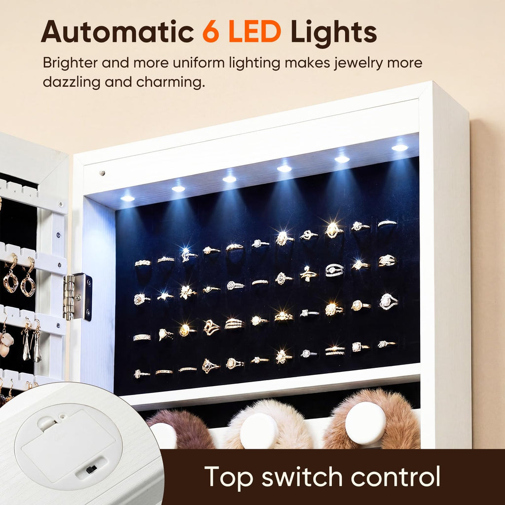 6 LEDs Jewelry Cabinet with Lock, 48" Full Length Mirror Wall Mounted or Over The Door Jewelry Organizer, Large