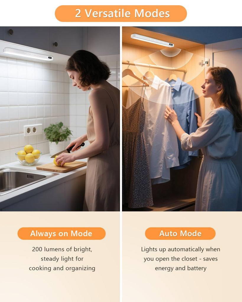 Under Cabinet & Closet Lights, Motion Sensor, Rechargeable, Magnetic, 3 Color Temps, Dimmable LED Light Bar