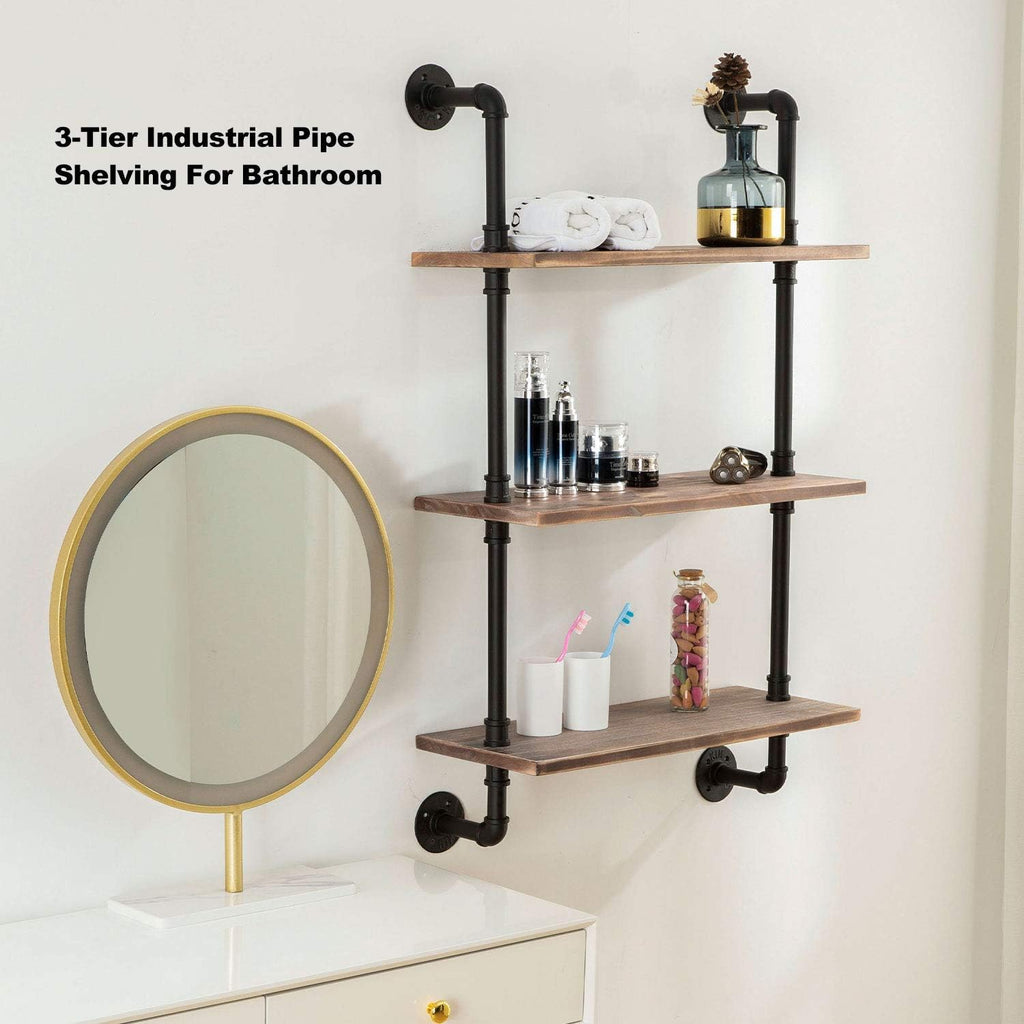 3-Tier Real Pine Wood Floating Shelf, 20x7.87x41.3in, Industrial Retro Style, Bathroom Wall Shelves, Kitchen Shelves