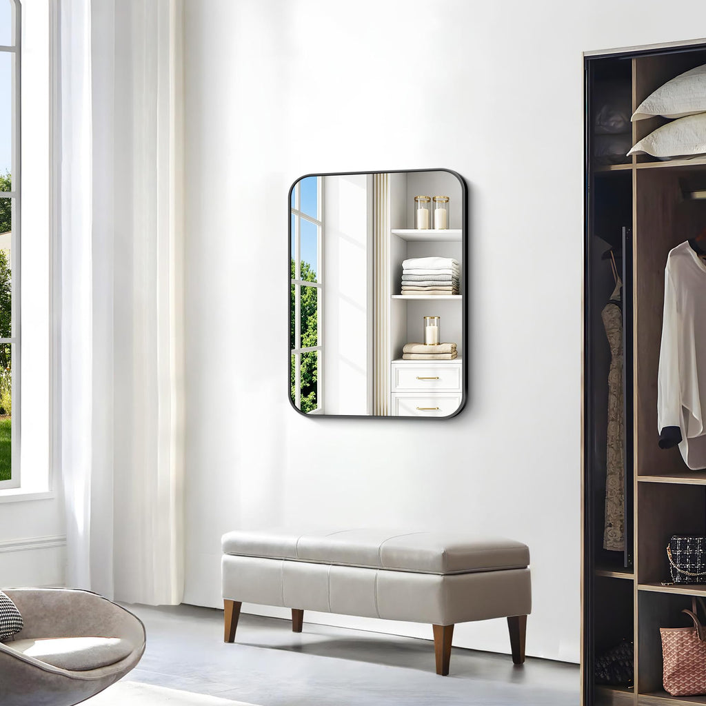 24x30 inch Bathroom Mirror 2-Pack,Black Rectangle Mirror,Wall Mounted Bathroom Frame Vanity Mirror with Round Corner