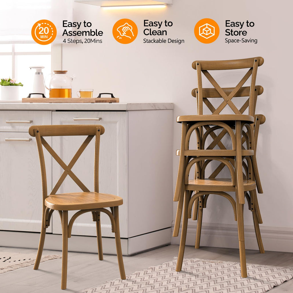 Plastic Outdoor Dining Chairs Set of 4, Stackable Patio Farmhouse Brown Dining Chairs with X Back, Waterproof Kitchen