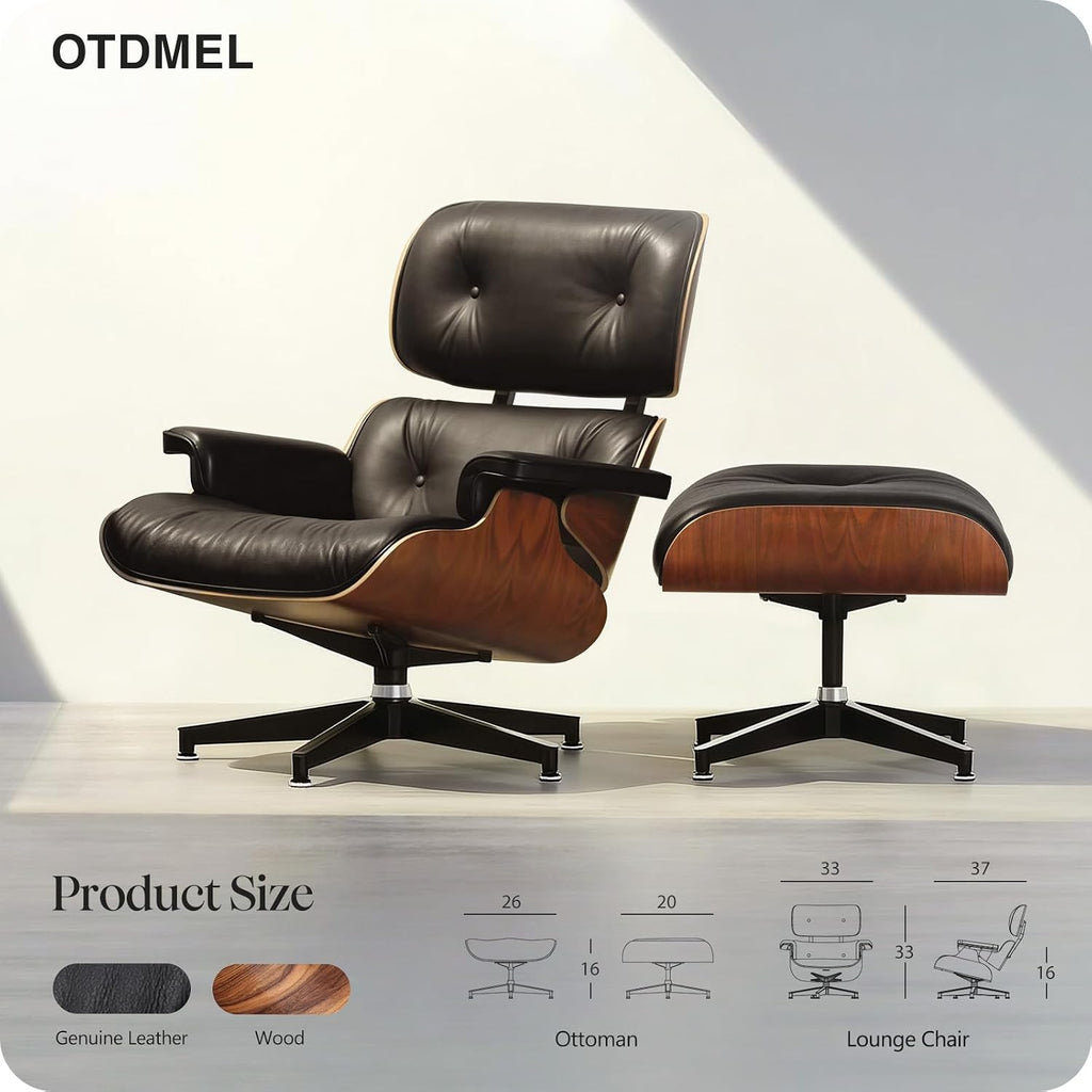 Mid Century Modern Top Grain Leather Chaise Lounge Chair & Ottoman