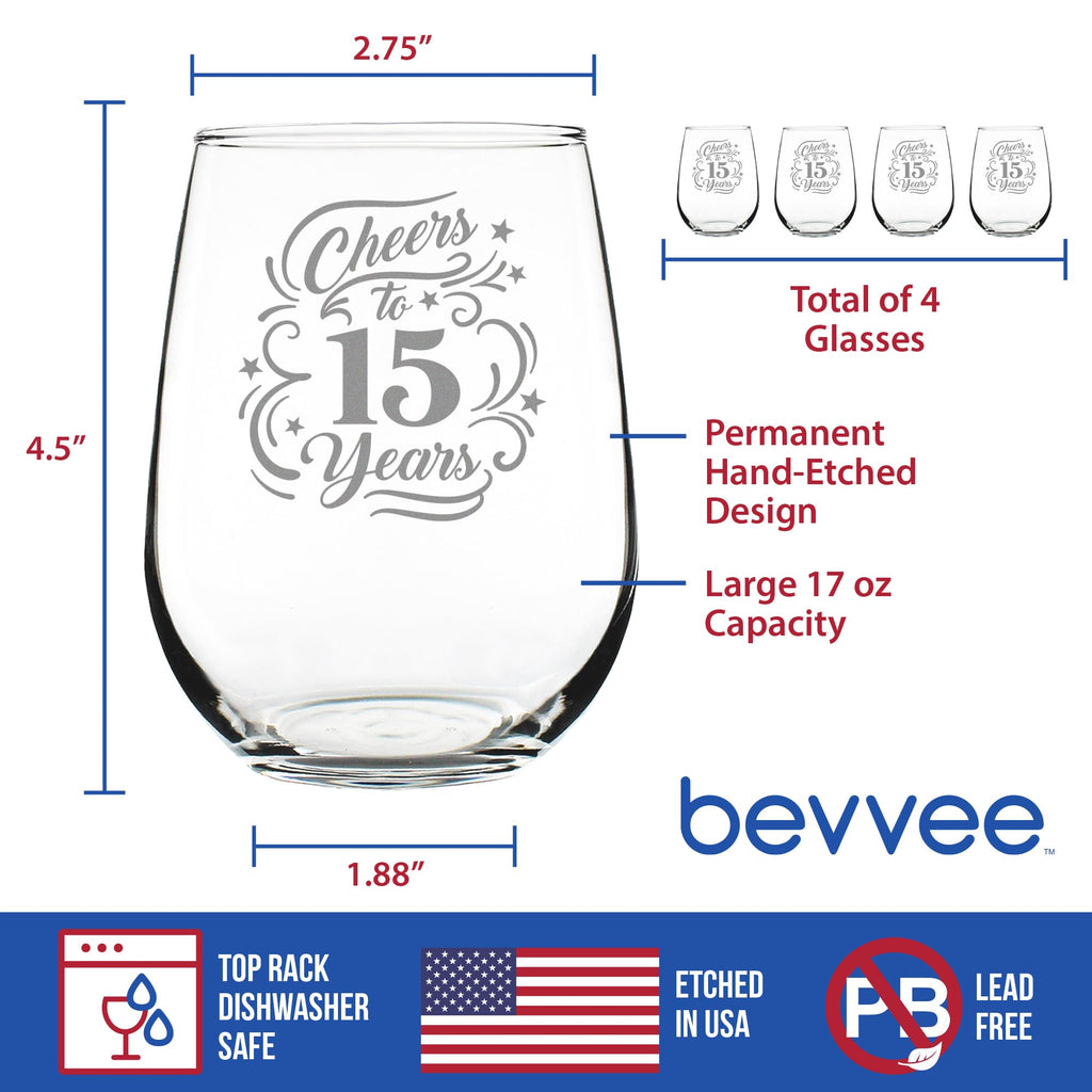 Cheers to 15 Years Stemless Wine Glass 15th Anniversary - 17 oz - Set of 4