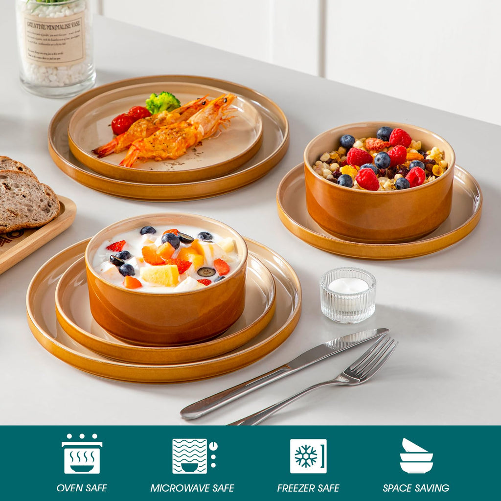 Ceramic Plates and Bowls Sets, 12 Pieces Brown Dinnerware Sets , Reactive Glaze Dishes Set for 4, Dishwasher and