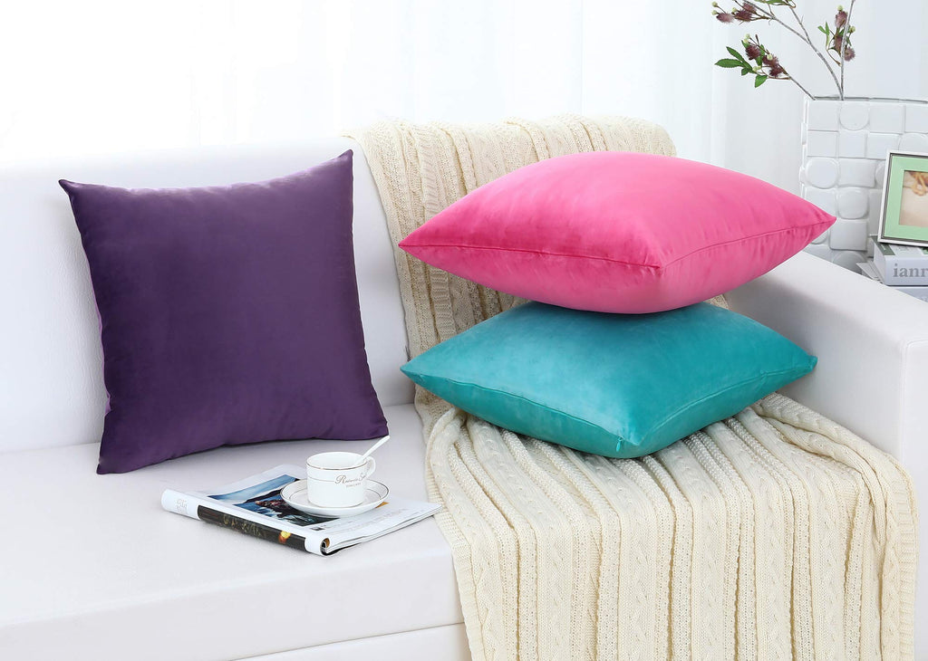 Comfy Soft Thick Velvet Throw Pillow Covers Decorative Solid Square Couch Cushion Cases Sofa Car Decor (Hot Pink, 20