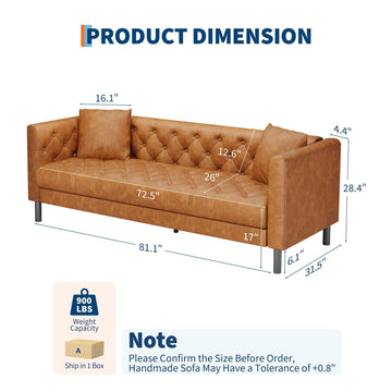 81" Leather Couch, Cognac Tan