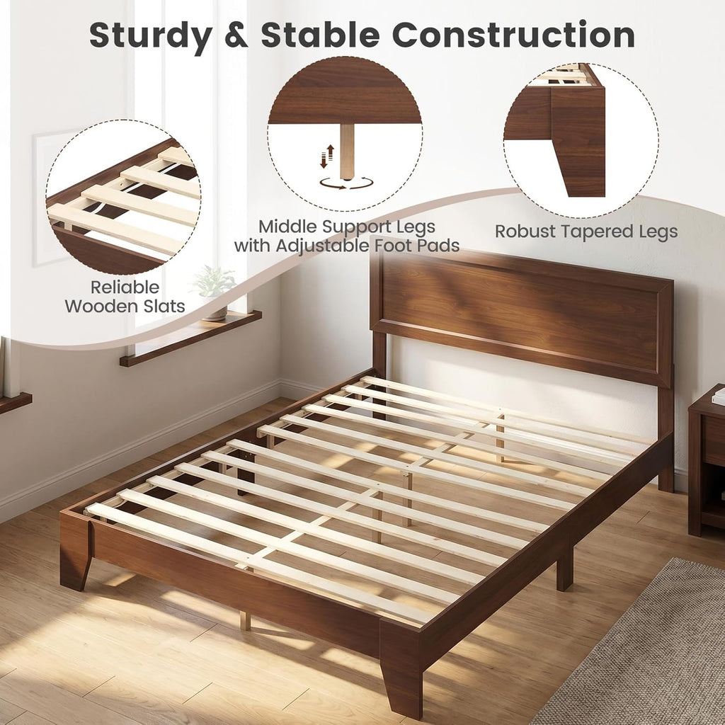 Queen Bed Frame, Mid-Century Modern Platform Bed with Headboard, Wooden Slat Support Mattress Foundation, Under-Bed