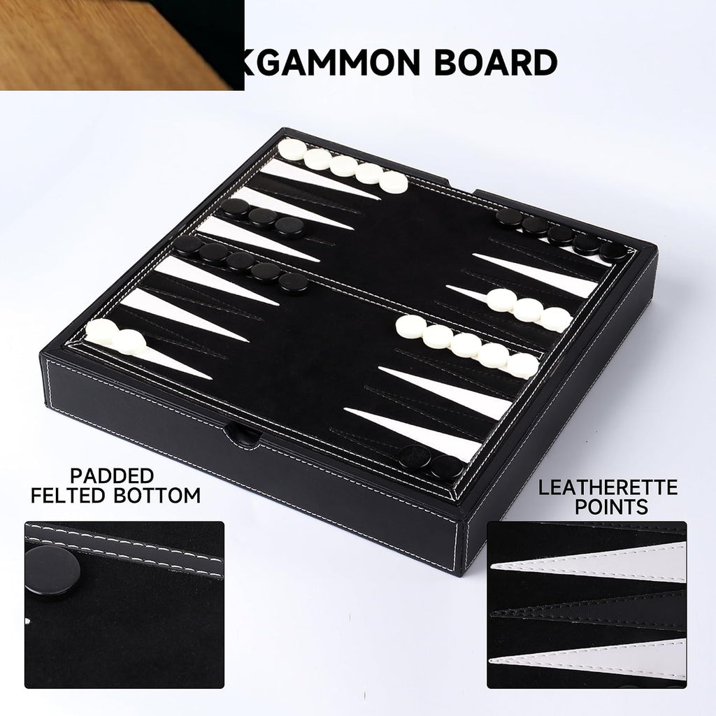 GSE 12.5" Leather 3-in-1 Chess Checkers Backgammon Set for Kids & Adults - Set of 32