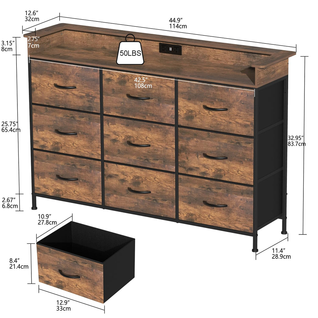 Industrial Dresser with Charging Station and LED Light Fabric Storage Dresser with 9 Fabric Drawers Chest of Drawers