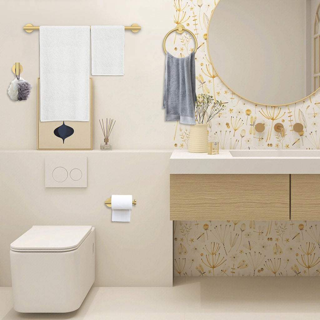 Brushed Gold Bathroom Hardware Set 6-Pieces Towel Bar Set Stainless Steel Bathroom Accessory Set 23.6 Inch Wall