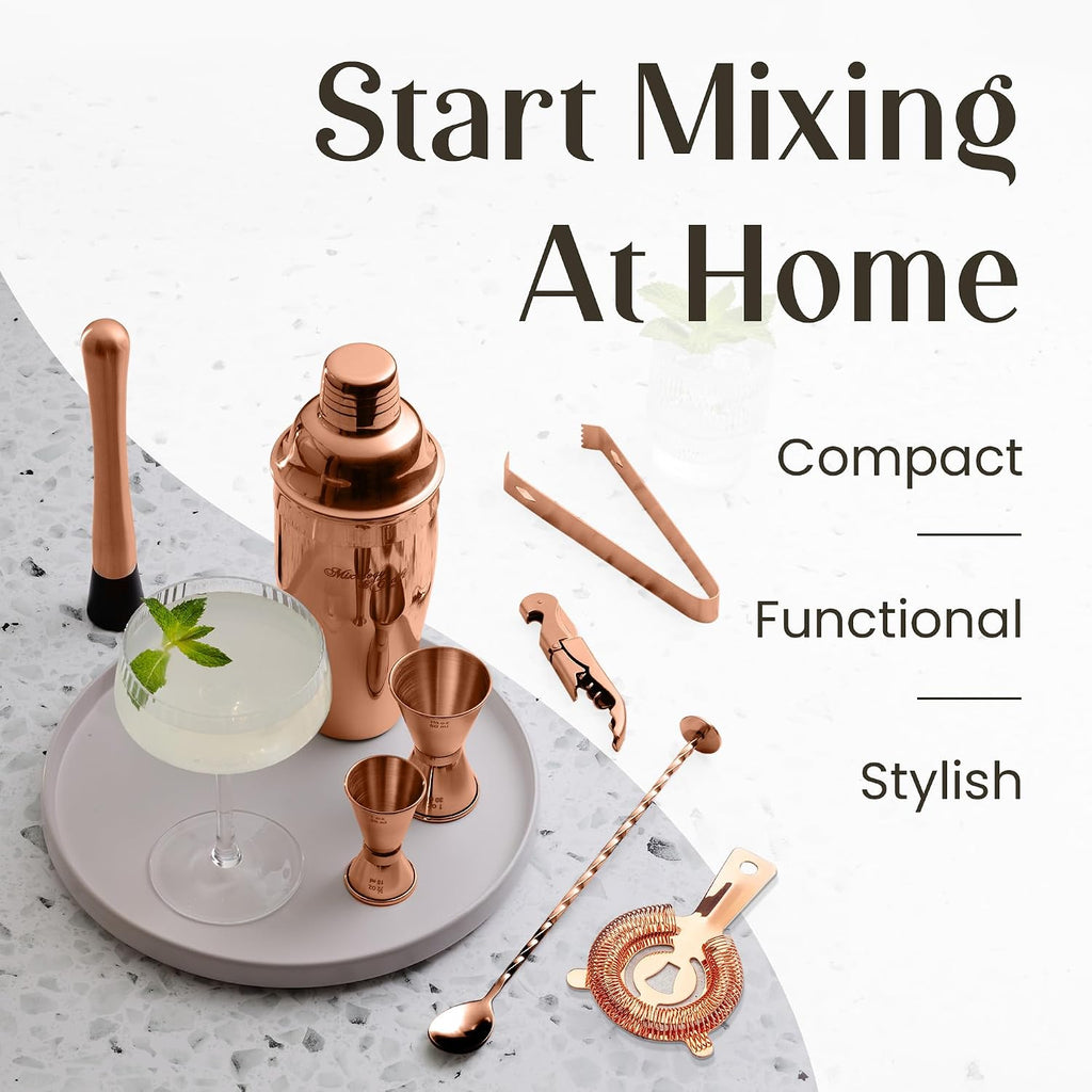 Rustic Cocktail Shaker Set - Includes Wood Stand, Complete Barware Kit with 24 Oz Shaker, Dual Jiggers, Pourers - Set of 11