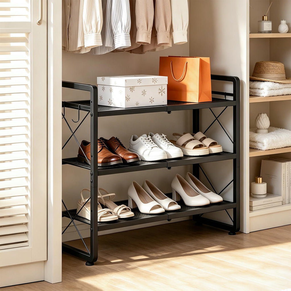 Expandable Shoe Rack for Closet, 3-Tier Metal Black Shoe Organizer