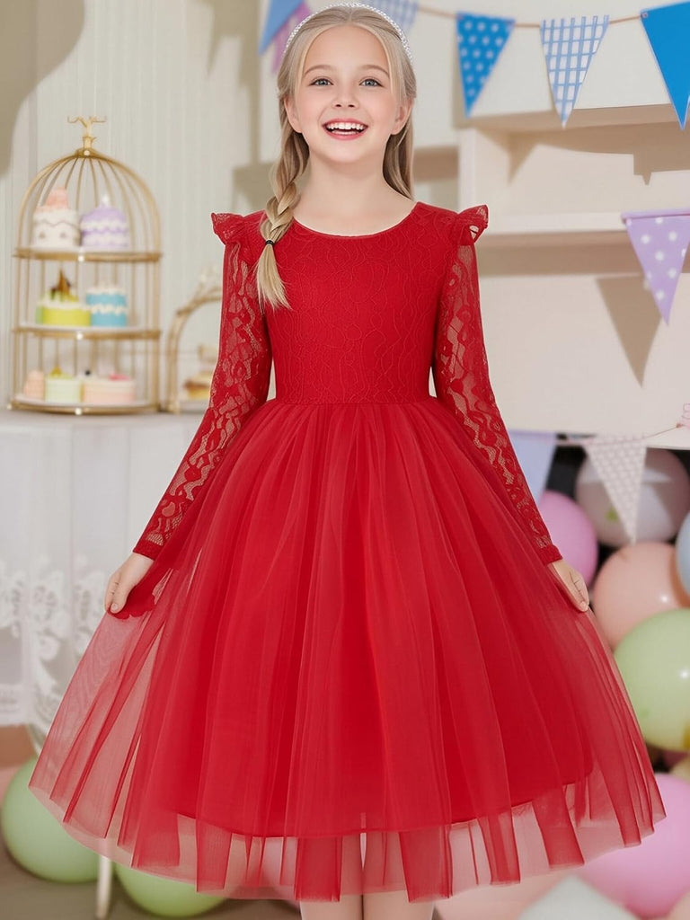 Flower Girls Dress Lace A-Line Long Sleeves Tulle Dresses
