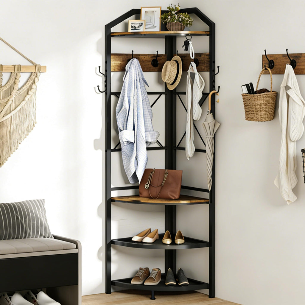 Corner Coat Rack with Storage, Entryway Hall Tree with Shoe Rack and Hooks, Freestanding Clothes Rack Corner Shelf