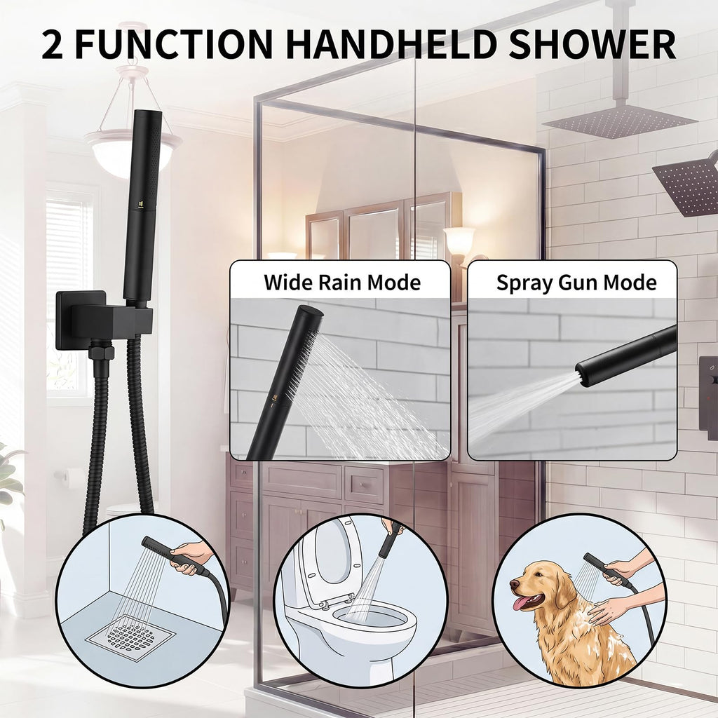 10 Inch Shower Faucet with Push Button Diverter Shower System, 2 in 1 Spray Handheld Showerhead, Ceiling Mount 10