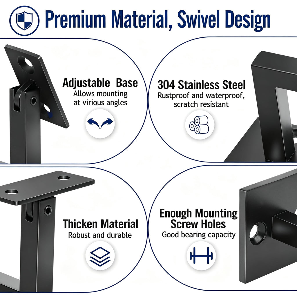Set of 5 Adjustable Swivel Handrail Brackets, 304 Stainless Steel Stair Railing Supports, Matte Black Modern Wall