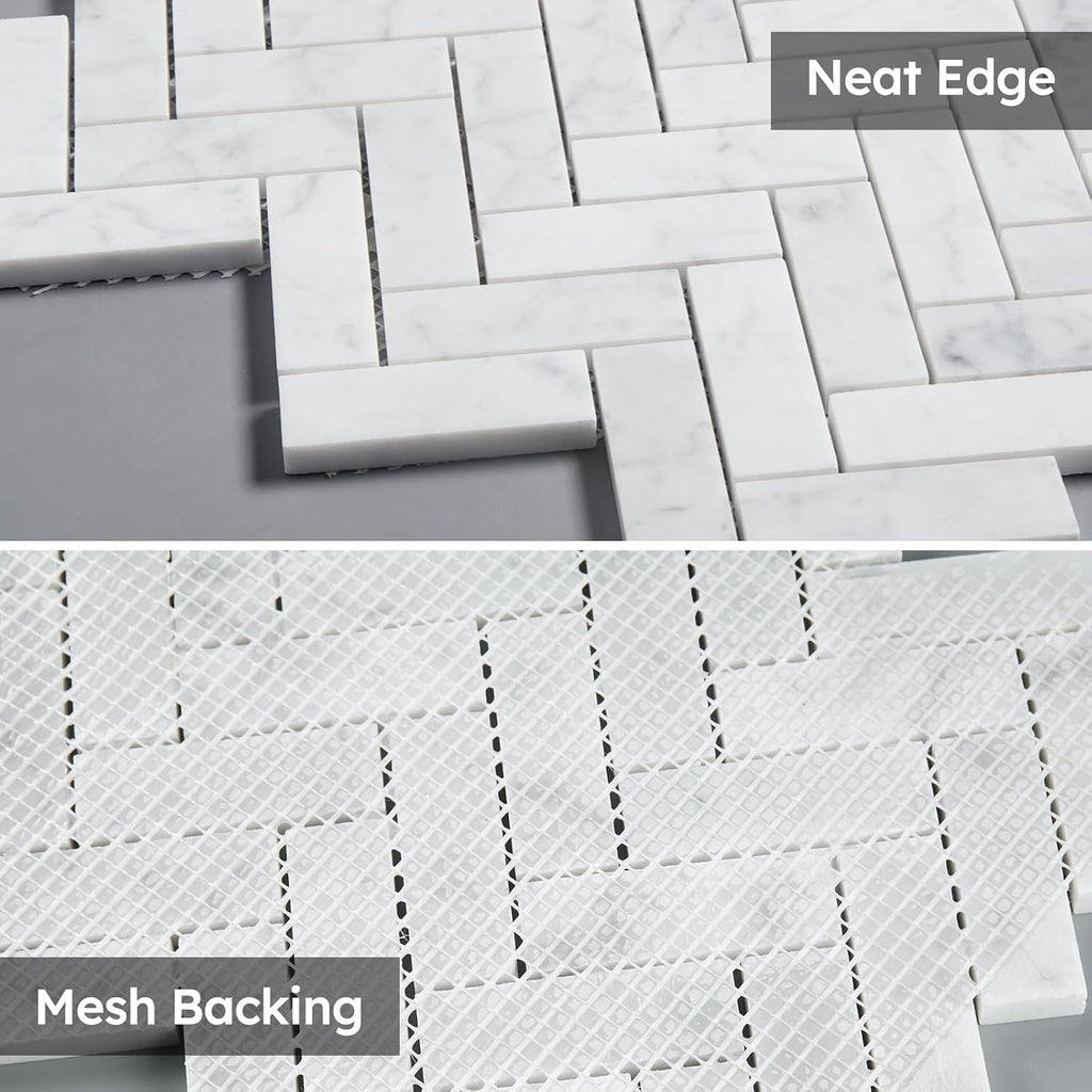Marble Mosaic Tile, Marble Backsplash Bathroom Wall Floor, Pack of 5 Sheets (White Carrara Polished, 1x3 Inch