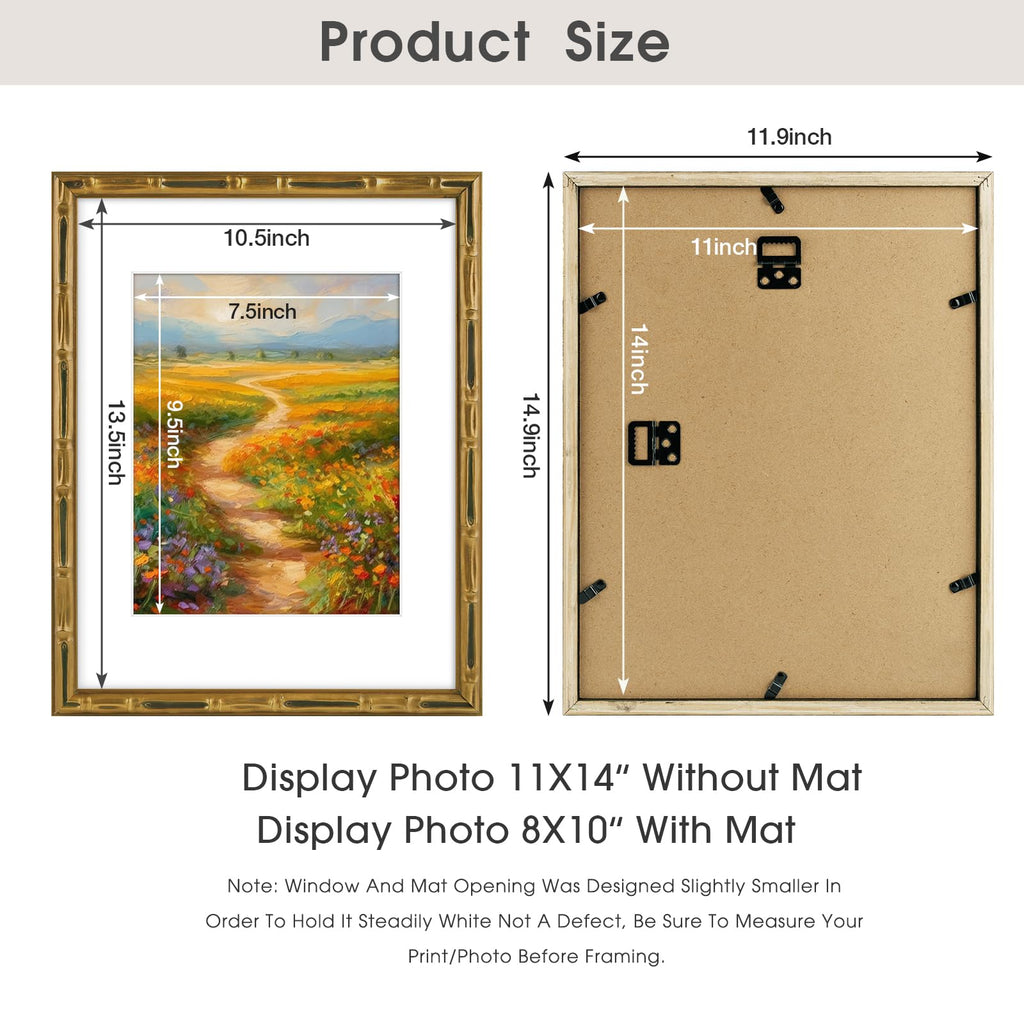 11x14 Gold Vintage Bamboo Frame for 8x10 Photo, Solid Wood