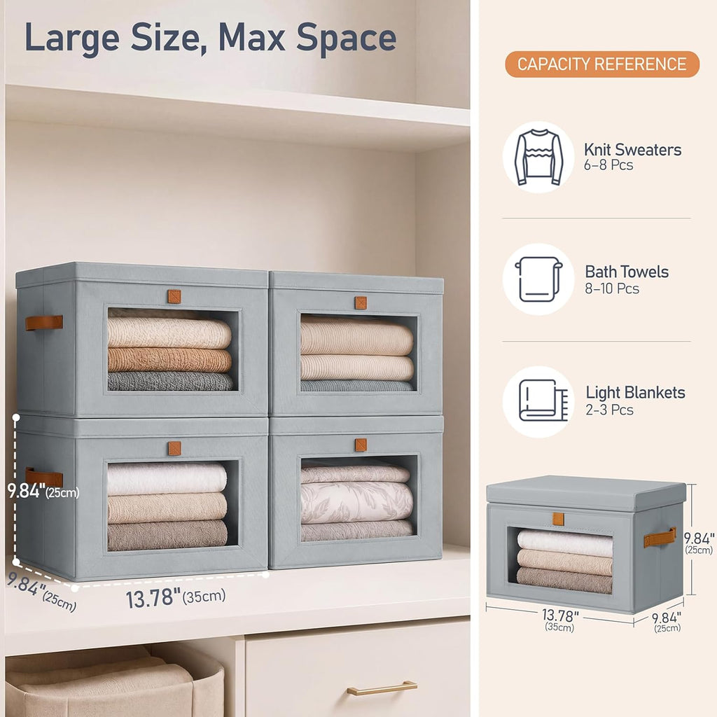 Storage Bins with Lids - 6 Pack Front Opening Stackable Fabric Storage Boxes with Clear Window & Handles, Collapsible