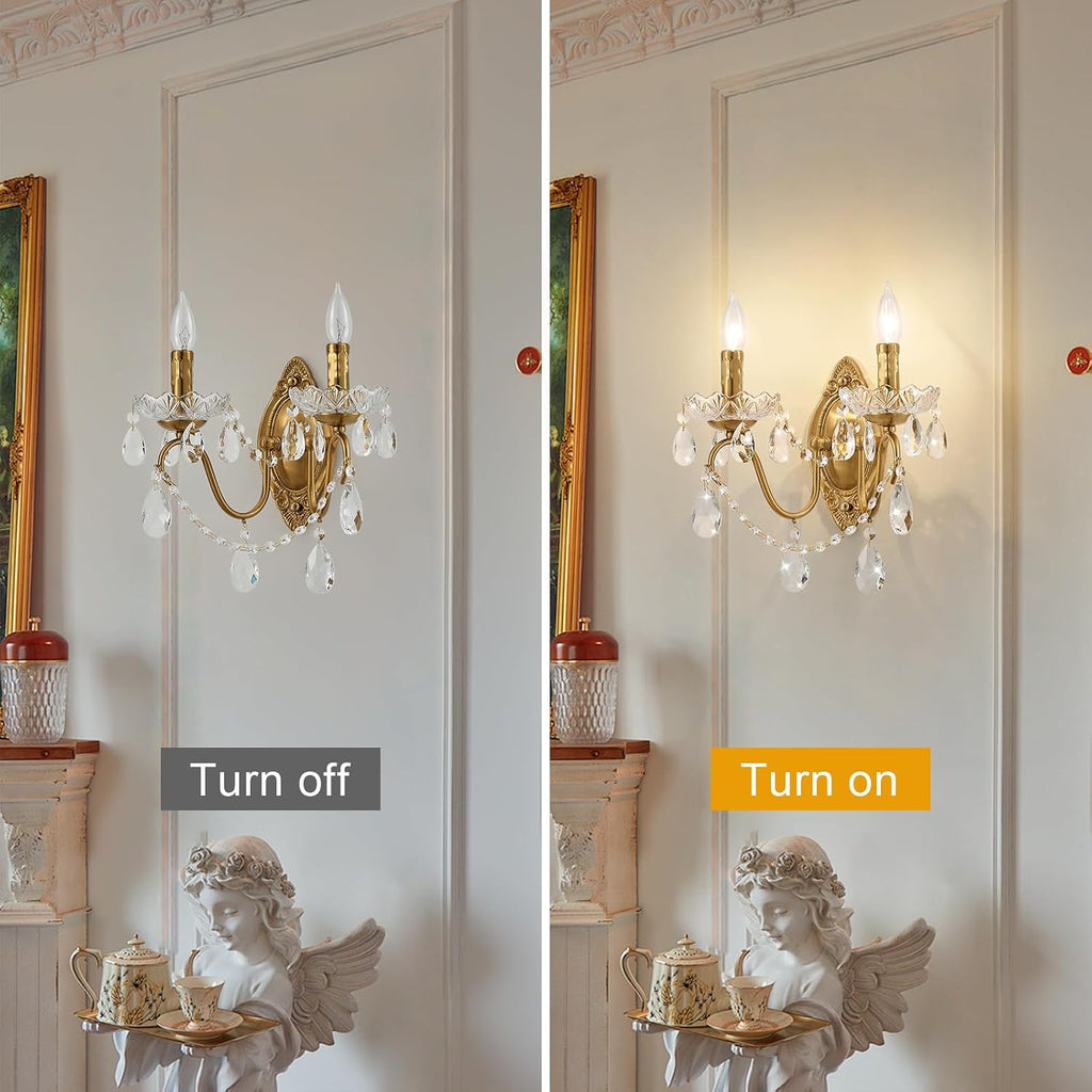 Crystal Wall Sconce Set of 2, Crystal wall sconces, Vintage wall sconces, Gold Brass Finish with Glass Drops, for