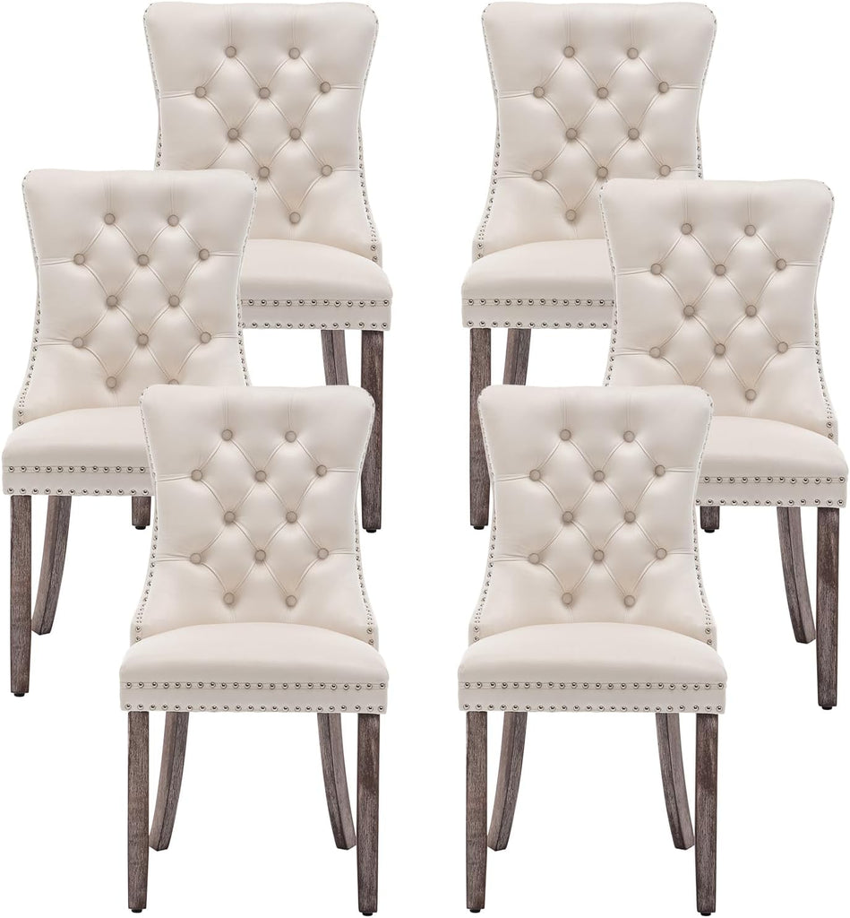 Velvet Dining Chairs Set of 6, Upholstered Tufted Dining Room Chairs with Ring Pull and Nailhead Trim for Kitchen, Living Room or Bedroom, Beige