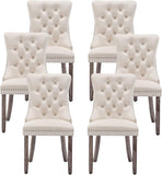 Velvet Dining Chairs Set of 6, Upholstered Tufted Dining Room Chairs with Ring Pull and Nailhead Trim for Kitchen, Living Room or Bedroom, Beige