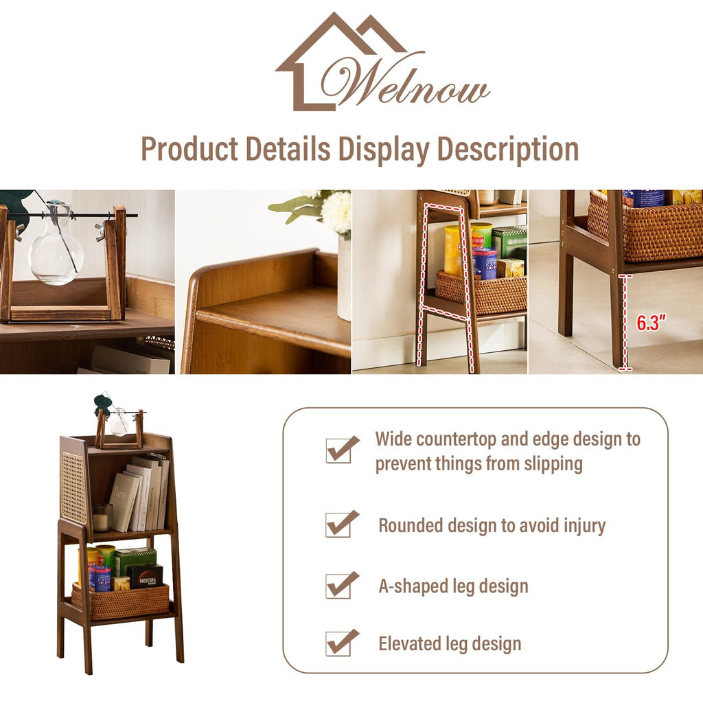 Bamboo Rattan Bookcase with Cabinet, 2-Tier Wicker Bookshelf, Walnut