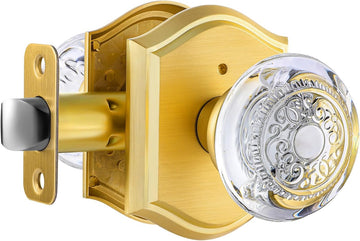 Crystal Glass Door Knob Interior with Lock, Privacy Gold Door Knob Bathroom, Satin Brass