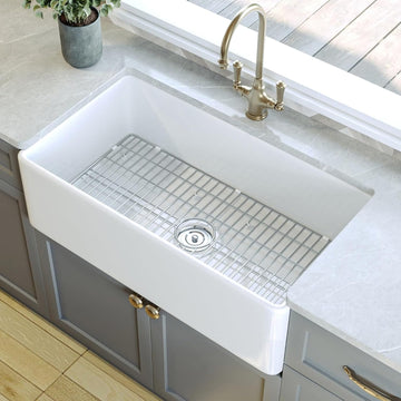 Farmhouse Kitchen Sink 33 Inch White Undermount Kitchen Sink | Apron-Front Large Deep Single Bowl with Bottom Grid &