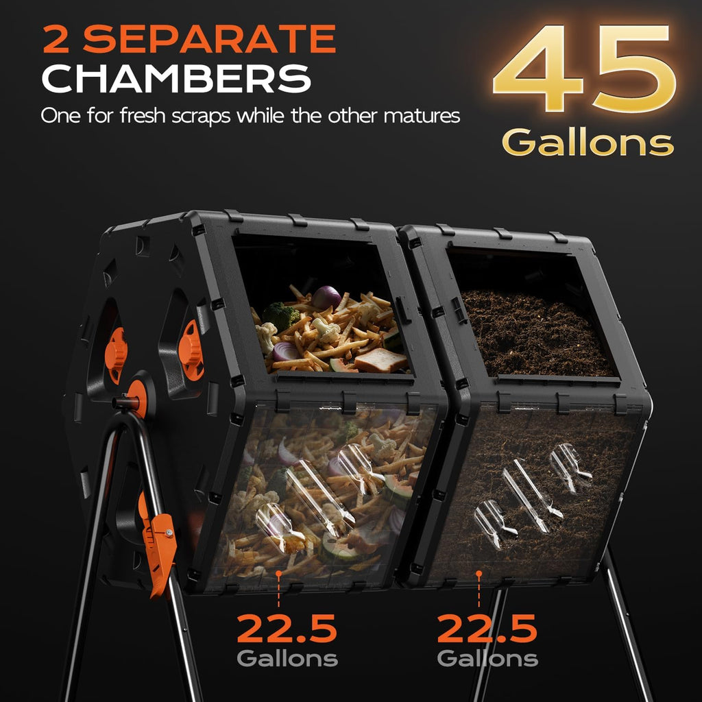 Compost Bin Outdoor 45 Gallon, Dual Separate Chamber Composter | 360°Rotating Garden Compost Tumbler for Fast