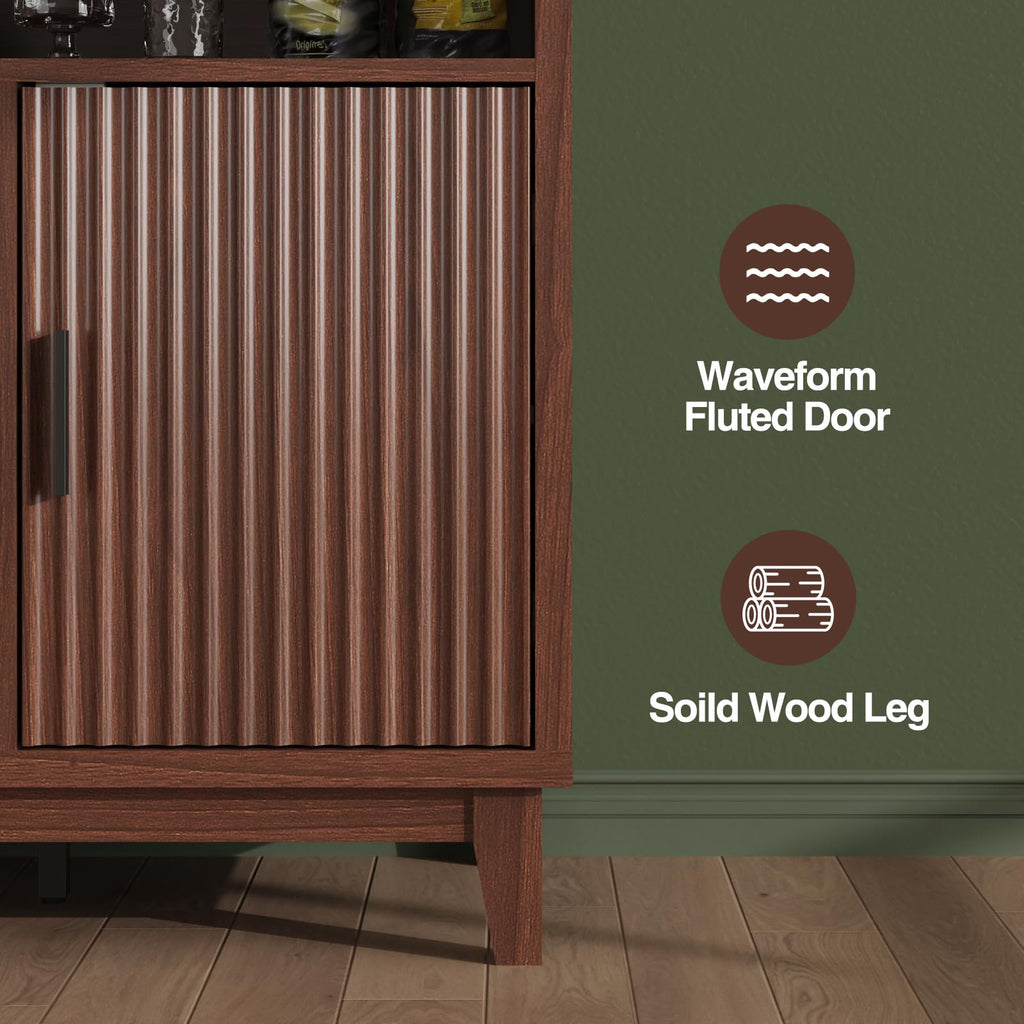 Fluted Buffet Cabinet with Storage, Modern Coffee Bar Cabinet, Walnut