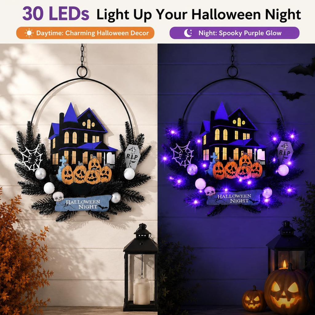Halloween Wreath with Lights, 15.7 Inch, 6H On/18H Off Timer