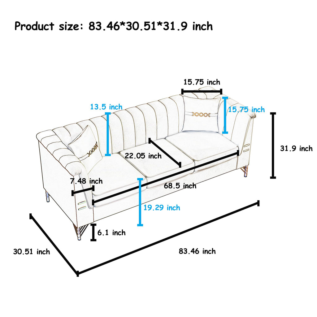 83" Oversized 3 Seater Sofa, Couch with Metal Legs, Black