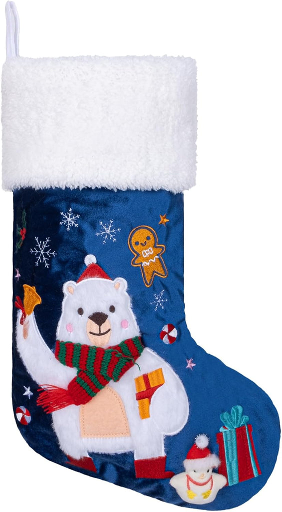 Christmas Stocking 5 Pack Green Blue Red Velvet Embroidery Pattern Soft Faux Fur for Family Decorations Hanging
